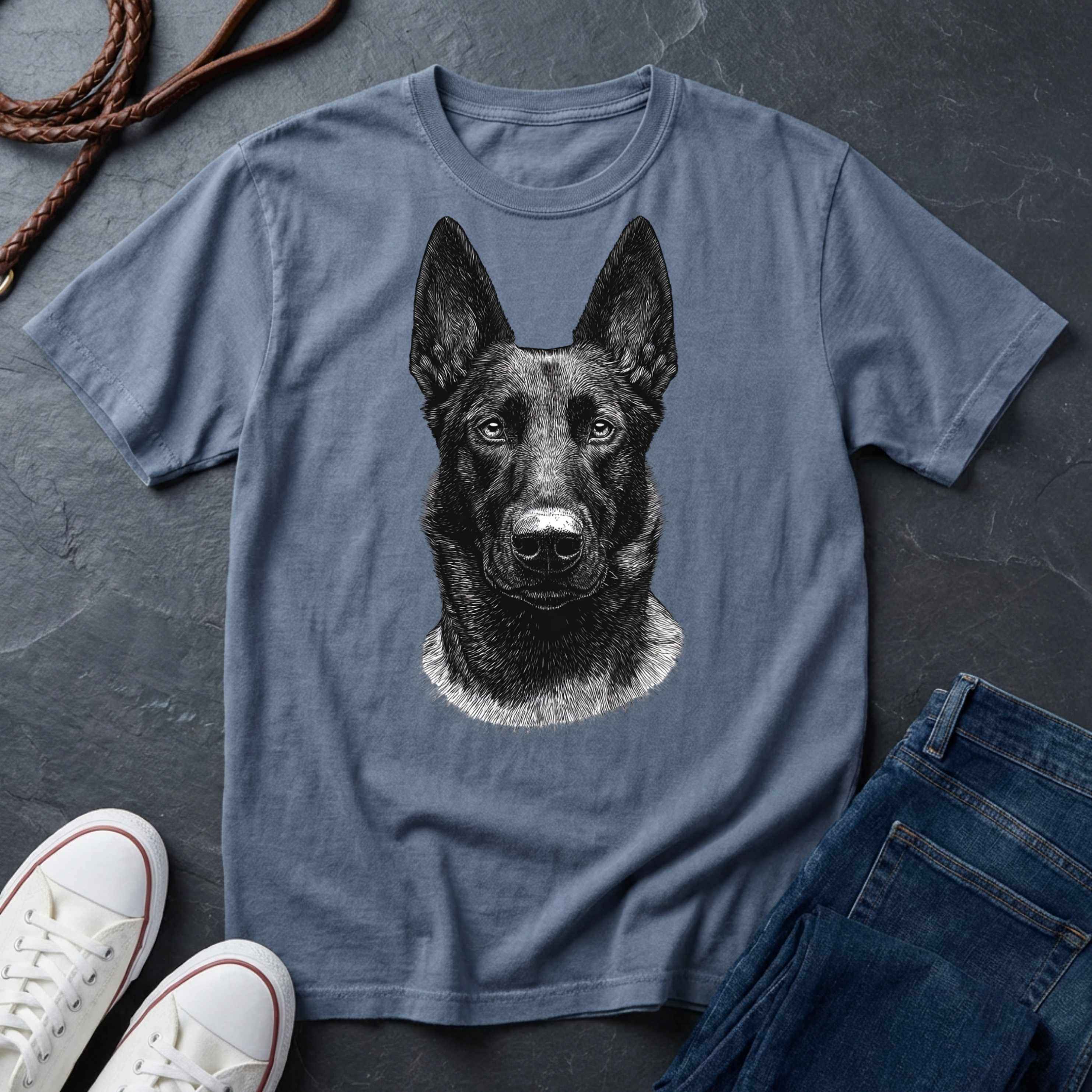 Blue Comfort Colors t-shirt with a dog graphic on a dark surface with shoes and jeans.