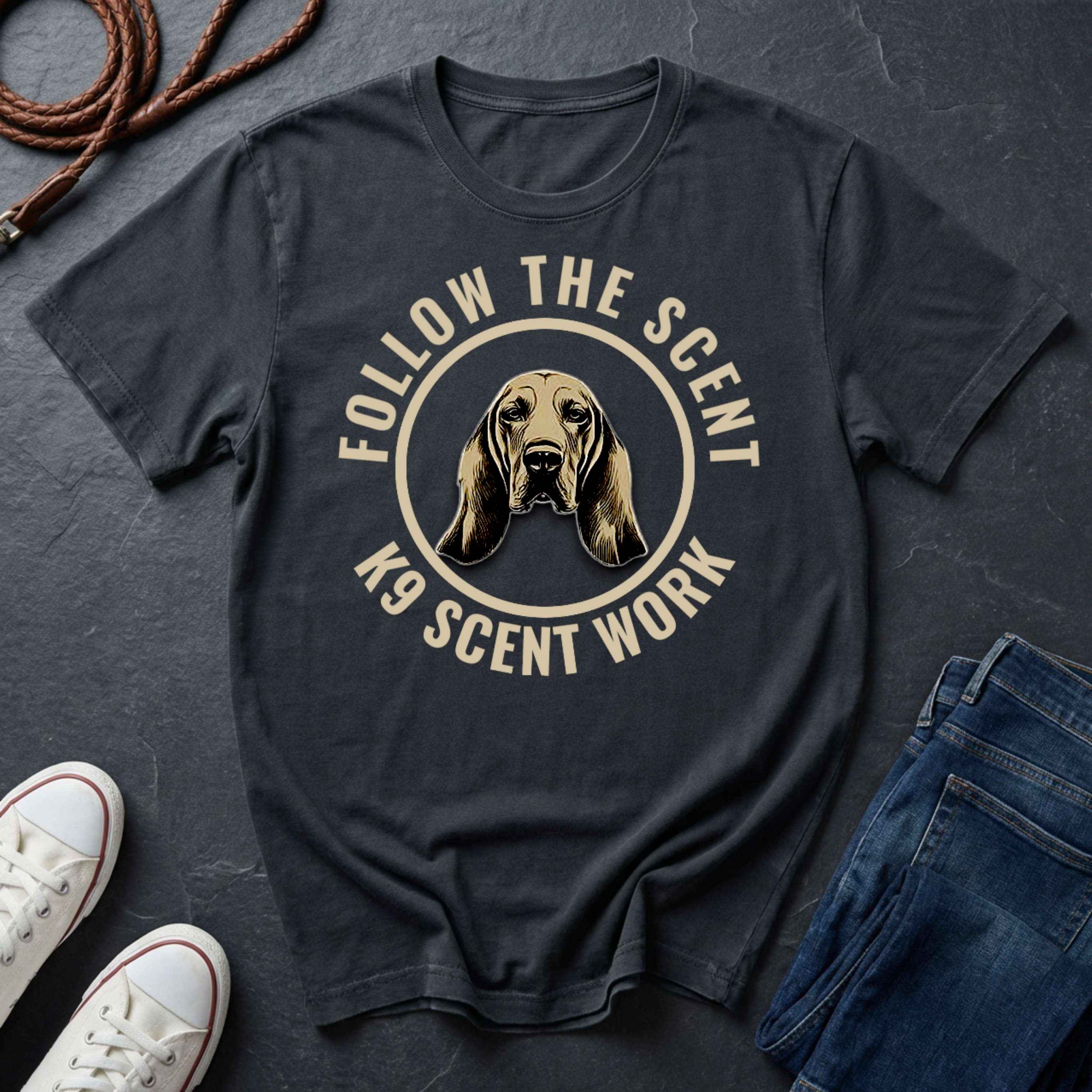 Navy blue Comfort Colors t-shirt with a dog graphic and text 'Follow the Scent K9 Scent Work' on a dark surface with shoes and jeans.