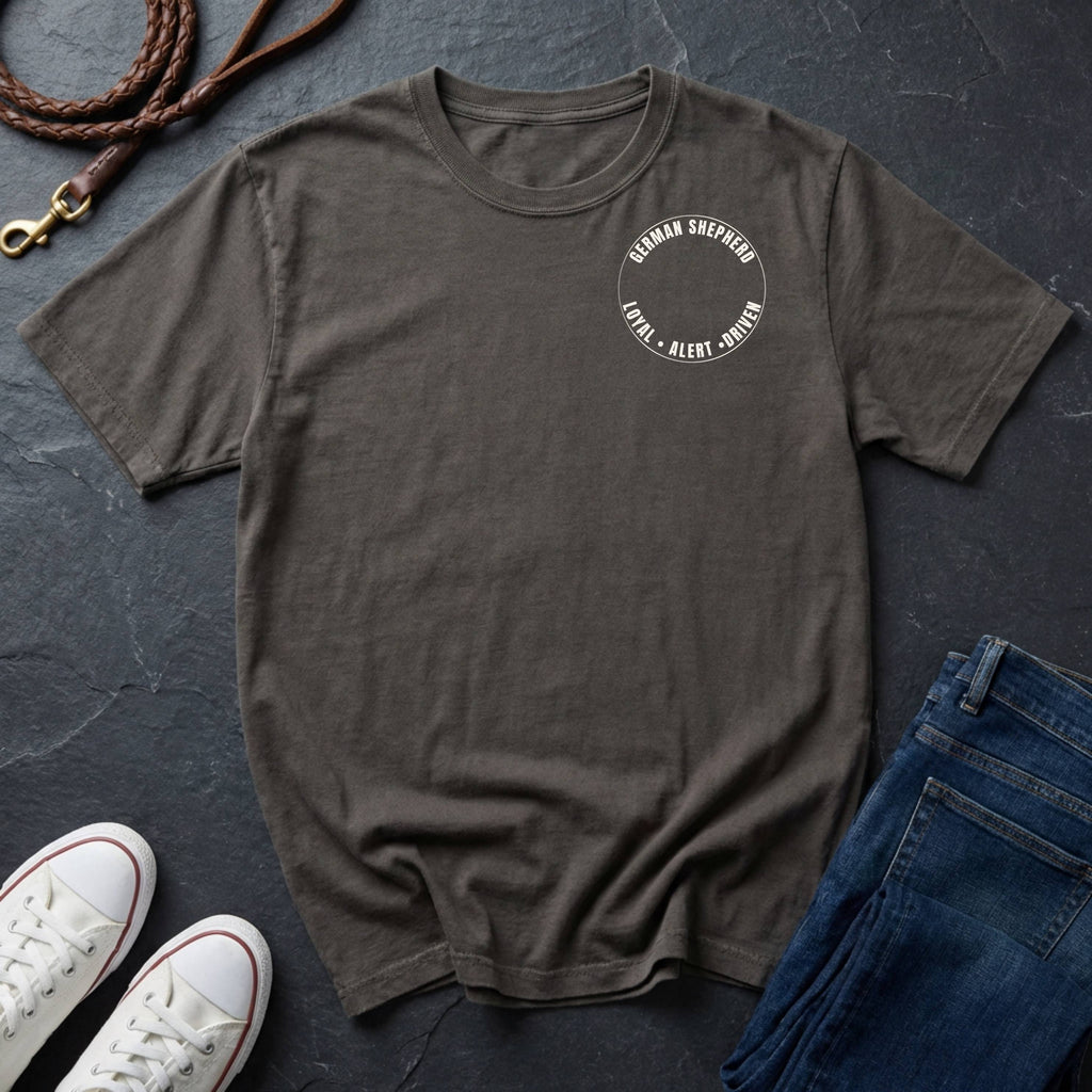 Gray Comfort Colors t-shirt with a logo on a dark surface with shoes and jeans.
