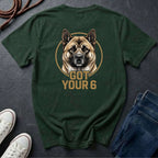 Green Comfort Colors t-shirt with a dog graphic and 'Got Your 6' text on a dark surface with shoes and jeans.