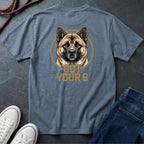 Blue Comfort Colors t-shirt with a dog graphic and 'Got Your 6' text on a dark surface.