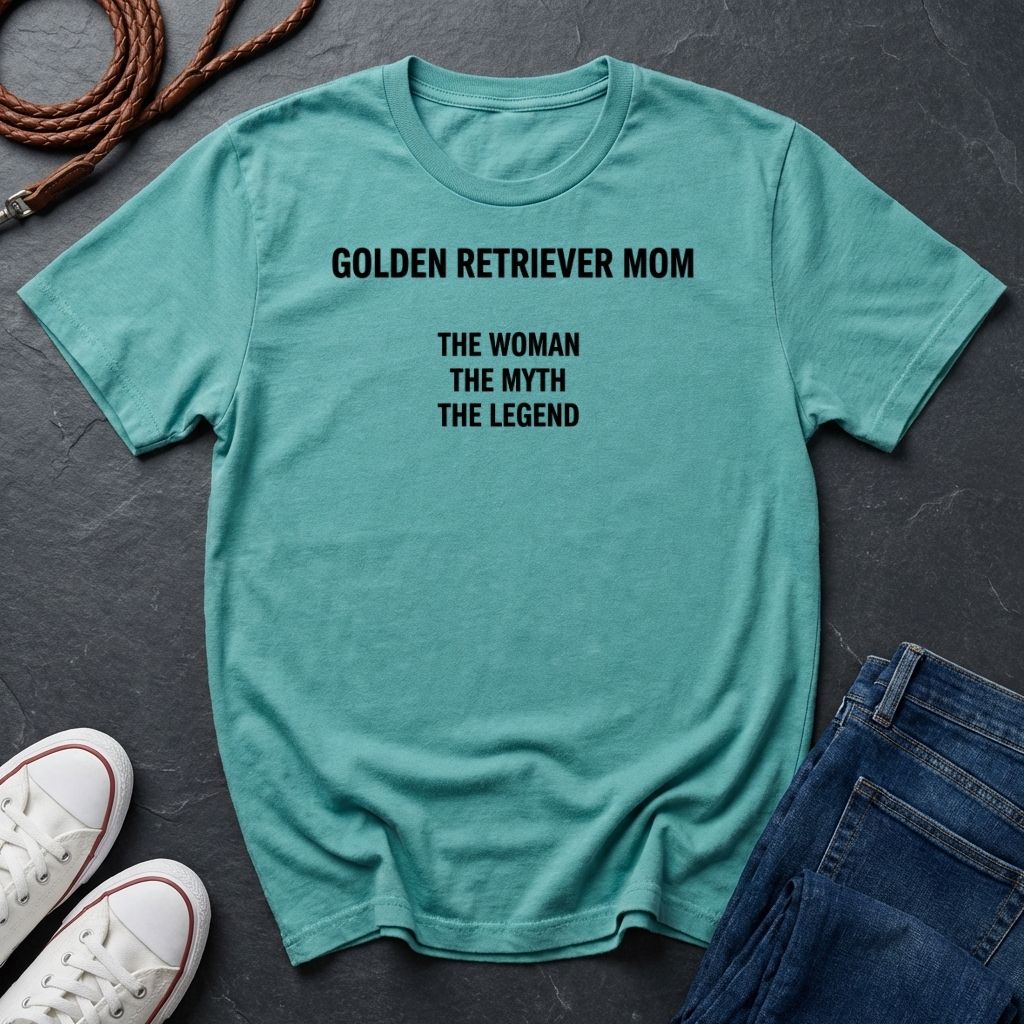 Teal Comfort Colors t-shirt with 'GOLDEN RETRIEVER MOM THE WOMAN THE MYTH THE LEGEND' text on a dark surface with shoes and jeans.