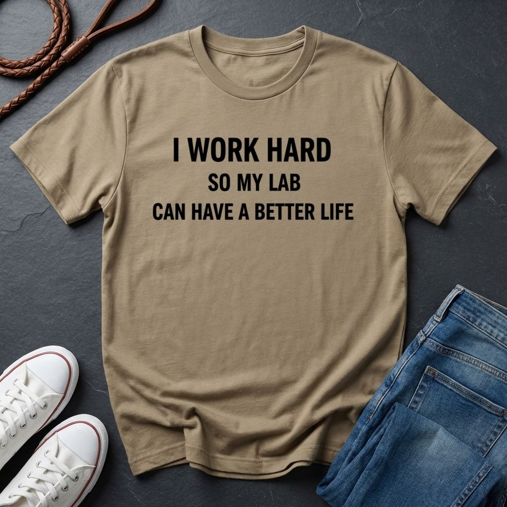 Beige Comfort Colors t-shirt with text 'I work hard so my lab can have a better life' on a dark surface with shoes and jeans.