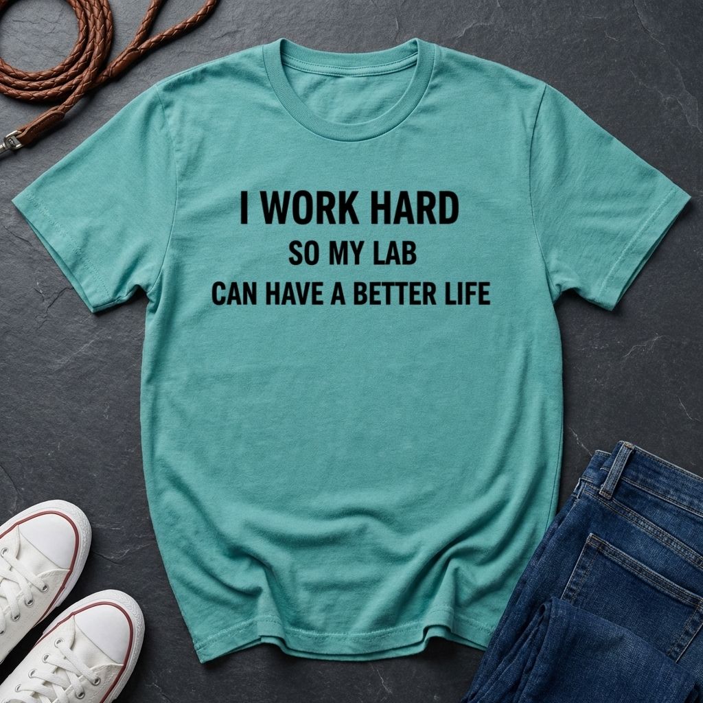 Teal Comfort Colors  t-shirt with 'I work hard so my lab can have a better life' text on a dark surface with shoes and jeans.