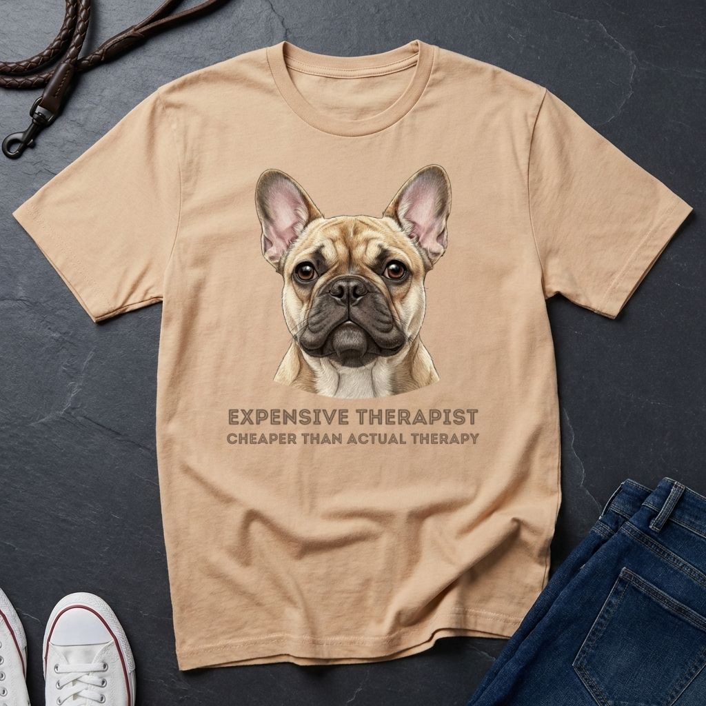 Beige Comfort Colors t-shirt with a dog graphic and text on a dark surface with jeans and shoes.