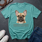 Teal Comfort Colors t-shirt with a dog graphic and text on a dark surface with shoes and jeans.
