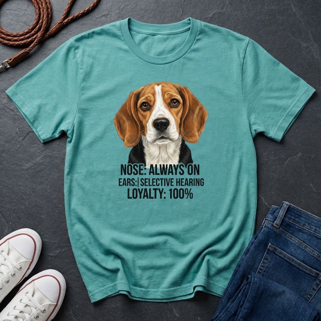 Teal Comfort Colors t-shirt with a dog graphic and text on a dark surface with shoes and jeans.