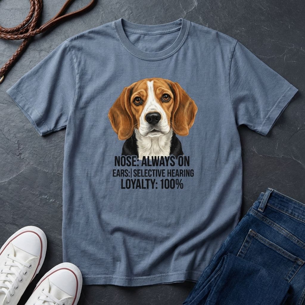 Blue Comfort Colors t-shirt with a dog graphic and text on a dark surface with shoes and jeans.