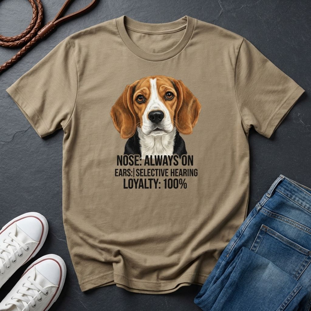 Beige Comfort Colors t-shirt with a dog graphic and text on a dark surface with shoes and jeans.