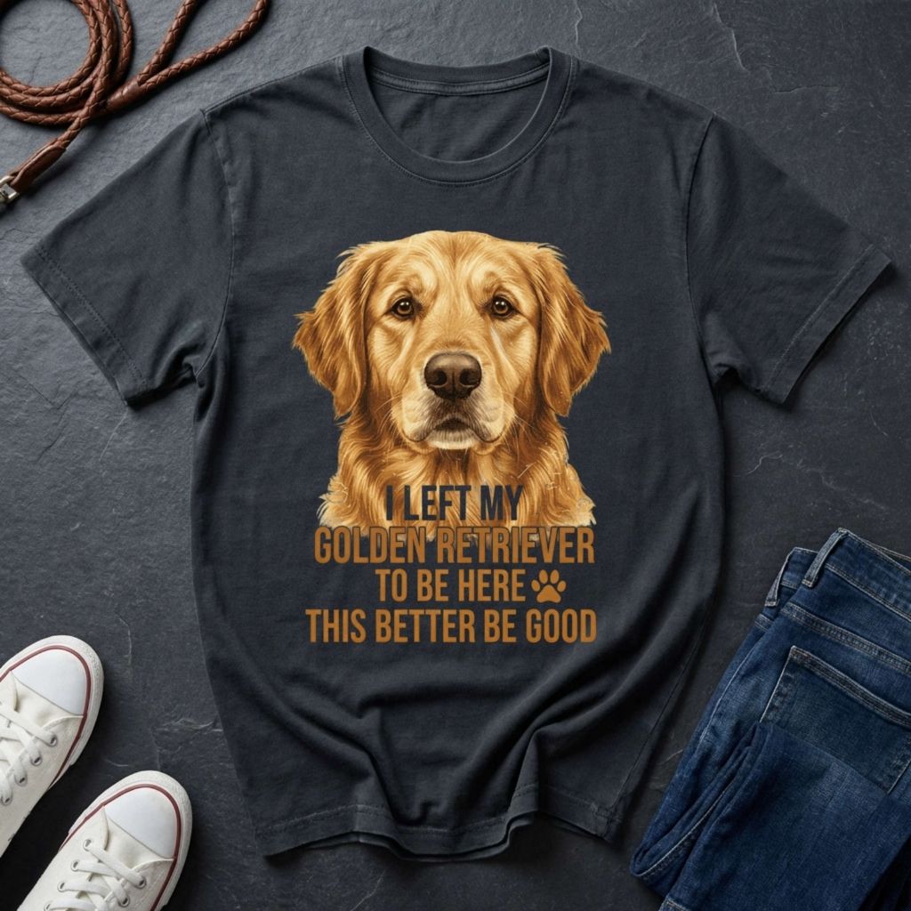 Black Comfort Colors t-shirt with a golden retriever graphic and text on a dark surface with shoes and jeans.