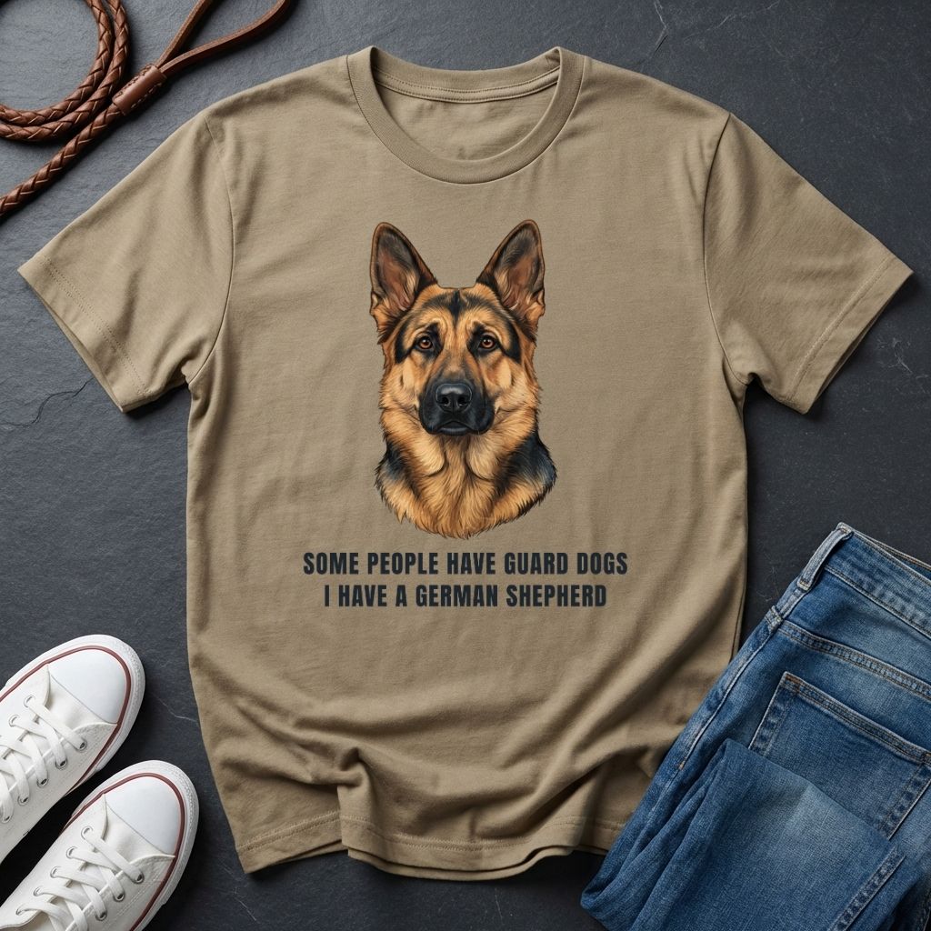 Beige Comfort Colors t-shirt with a German Shepherd graphic and text on a dark surface with shoes and jeans.
