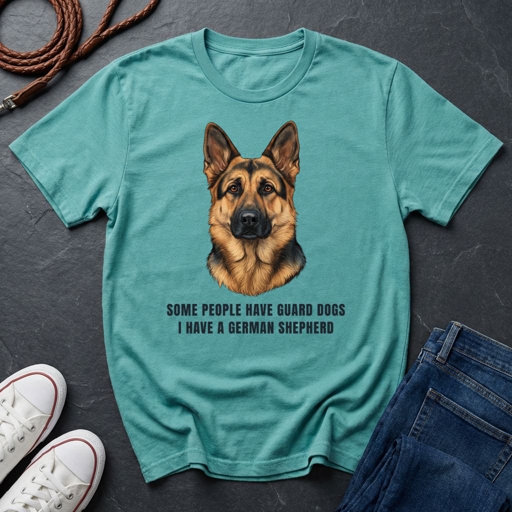 Teal Comfort Colors t-shirt with a German Shepherd graphic and text on a dark surface with shoes and jeans.