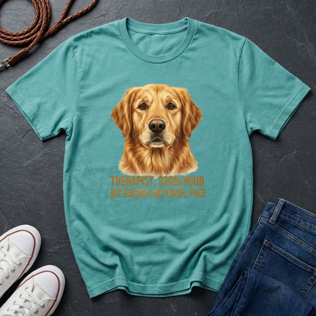 Teal Comfort Colors t-shirt with a golden retriever graphic and text on a dark surface with shoes and jeans.