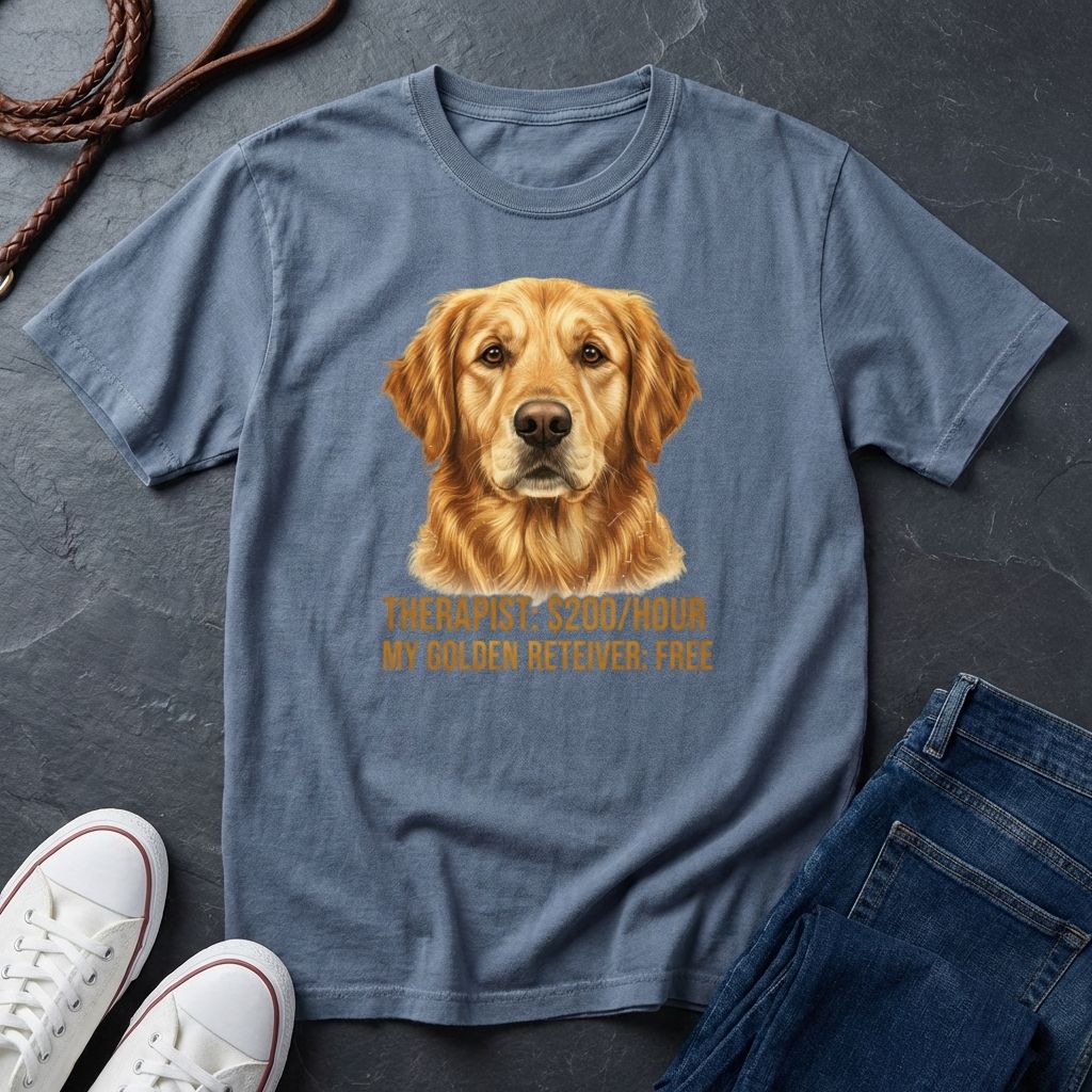 Blue Comfort Colors t-shirt with a Golden Retriever graphic and text on a dark surface with shoes and jeans.