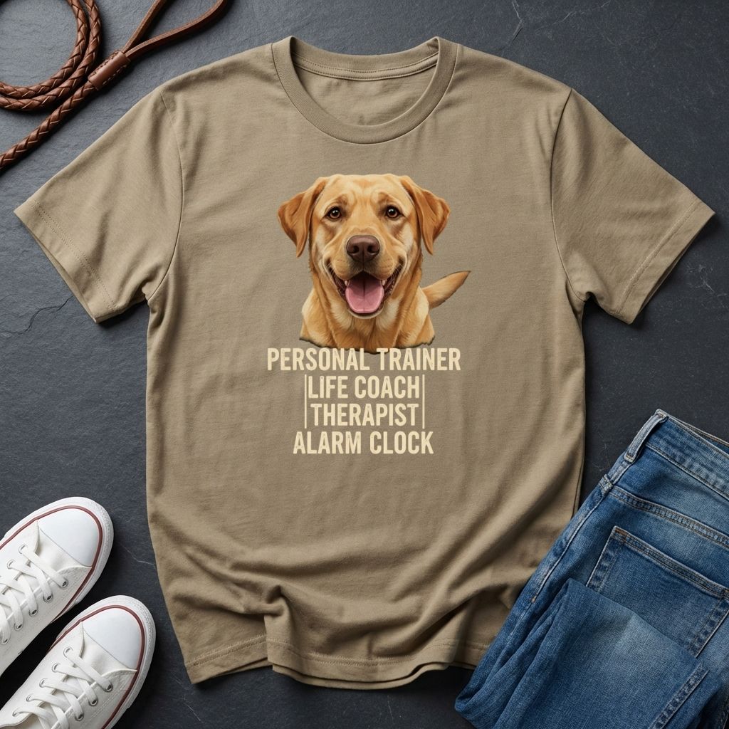 Beige Comfort Colors t-shirt with a dog graphic and text on a dark surface with shoes and jeans.