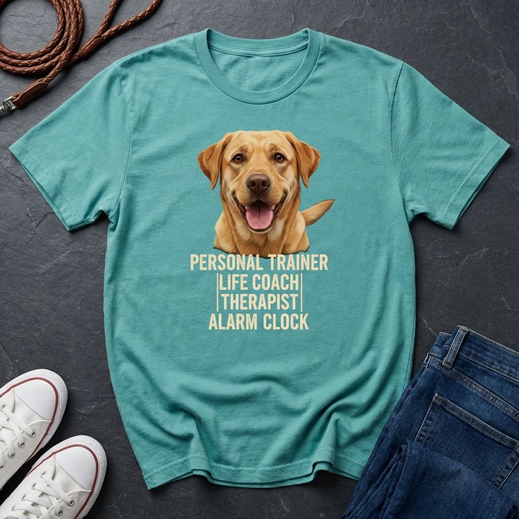 Teal Comfort Colors t-shirt with a dog graphic and text on a dark surface with shoes and jeans.