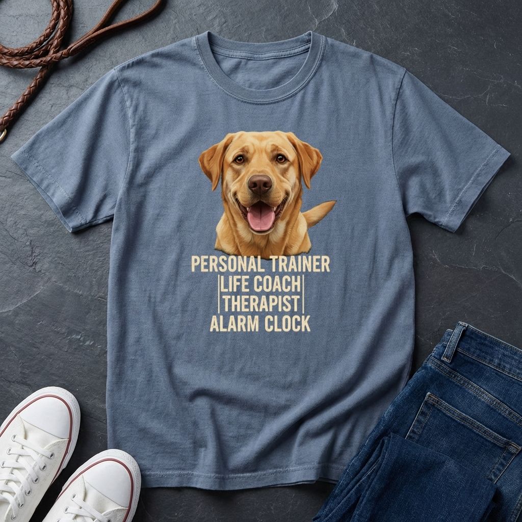 Blue Comfort Colors t-shirt with a dog graphic and text on a dark surface with shoes and jeans.