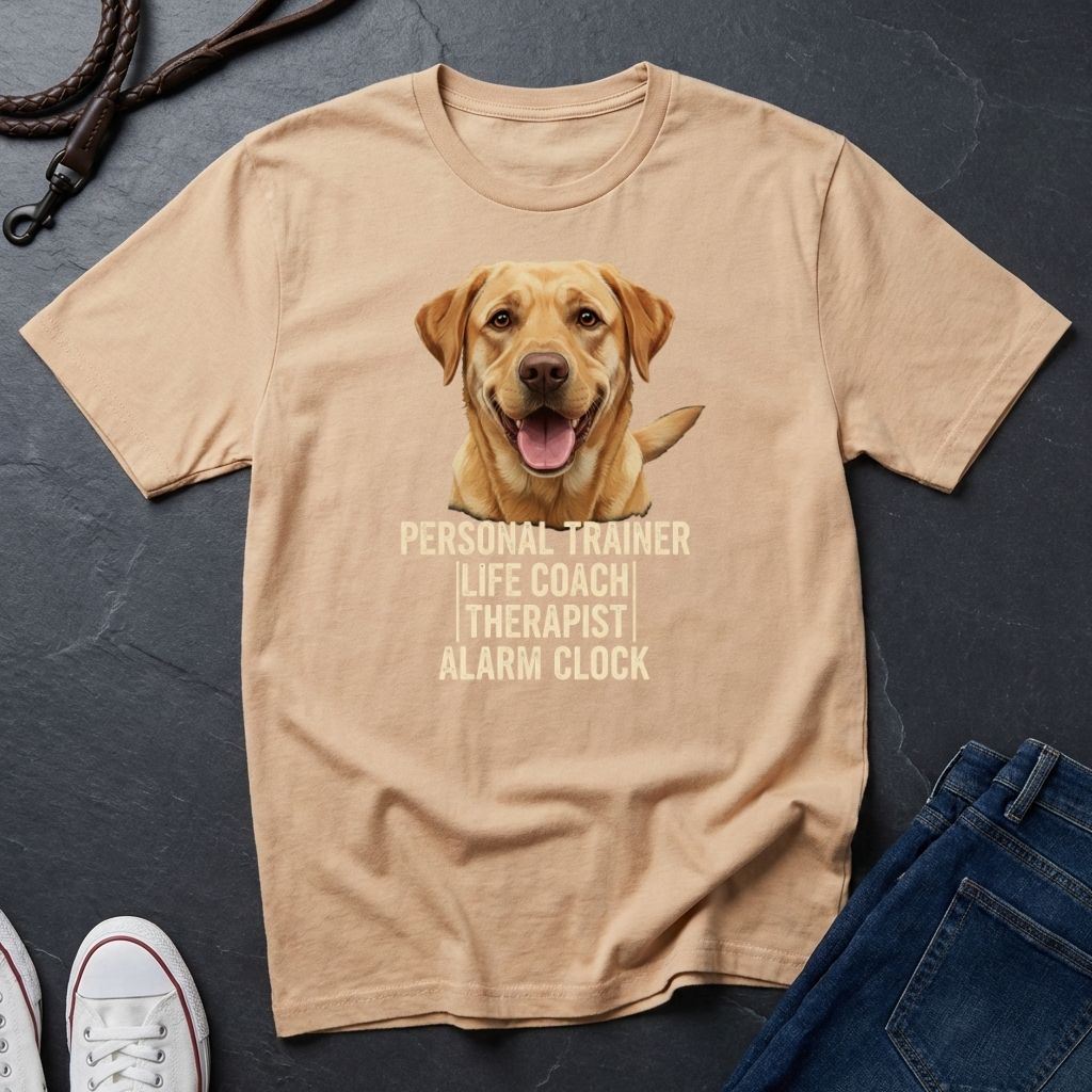 Beige Comfort Colors t-shirt with a dog graphic and text on a dark surface