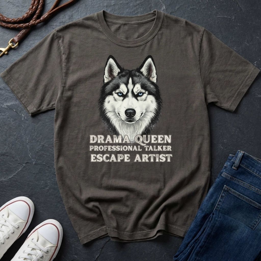 Gray Comfort Colors t-shirt with a husky graphic and text on a dark surface with shoes and jeans.