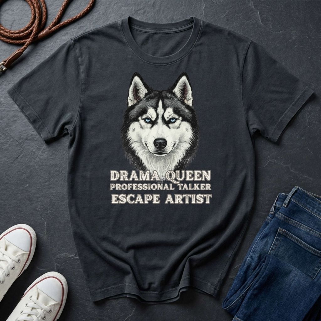Black Comfort Colors t-shirt with a husky graphic and text on a dark surface with shoes and jeans.