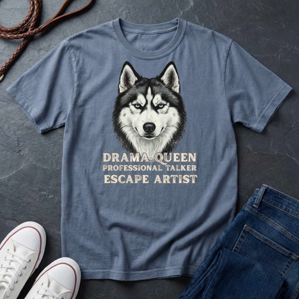 Blue Comfort Colors t-shirt with husky graphic and text on a dark surface with shoes and jeans.