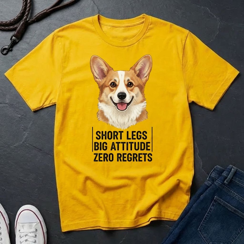 Yellow Comfort Colors t-shirt with a corgi graphic and text on a dark surface