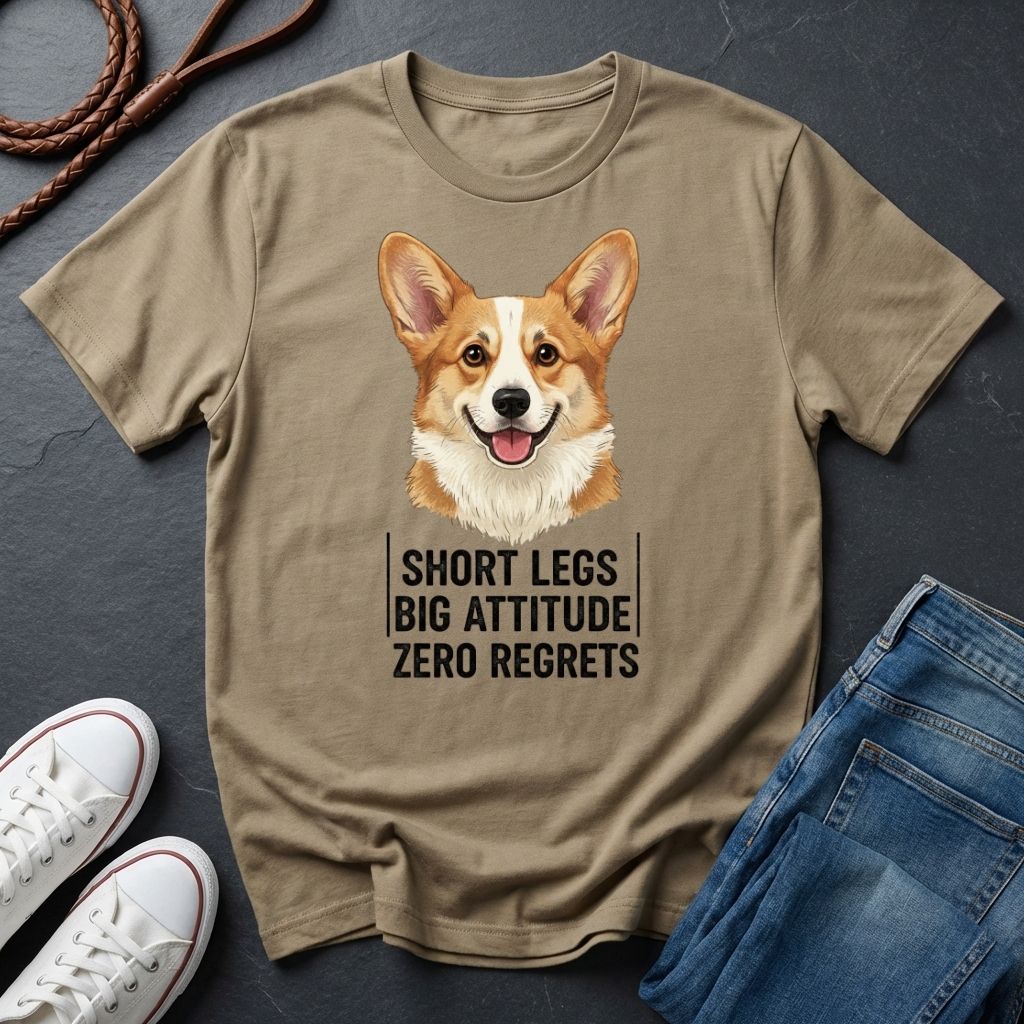 Beige Comfort Colors t-shirt with a corgi graphic and text on a dark surface with shoes and jeans.