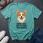 Teal Comfort Colors t-shirt with a corgi graphic and text on a dark surface with shoes and jeans.