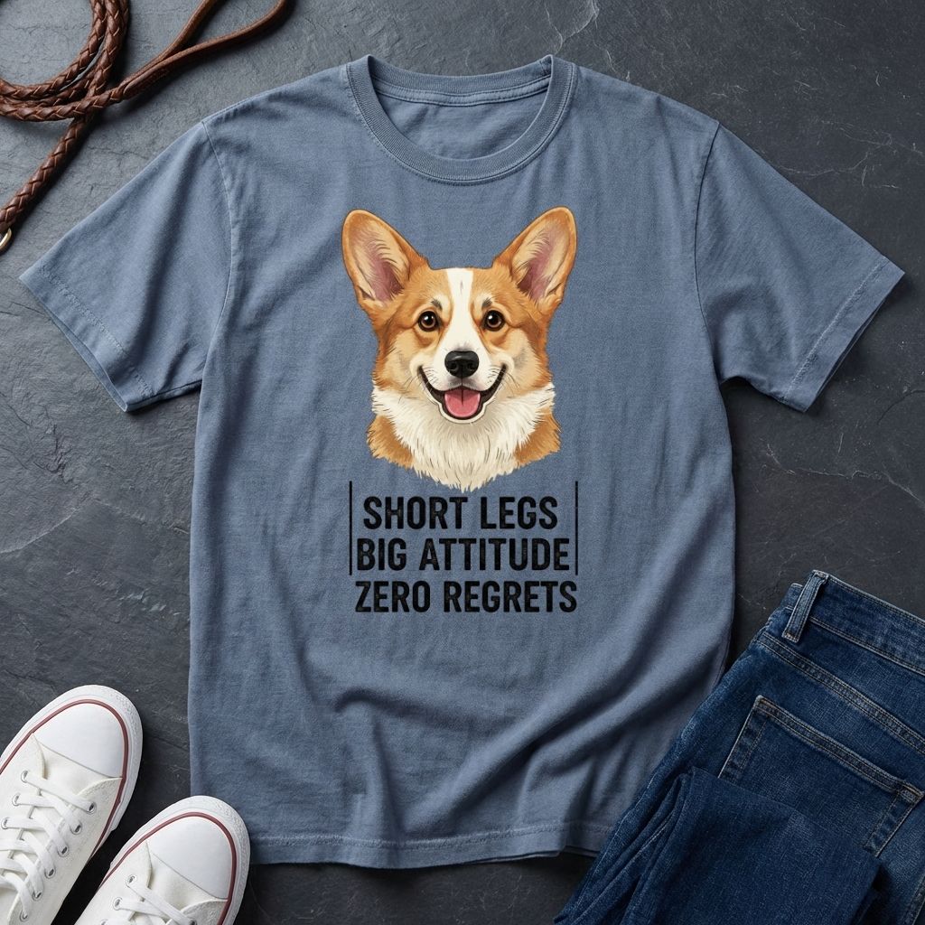 Blue Comfort Colors t-shirt with a corgi graphic and text on a dark surface with shoes and jeans.
