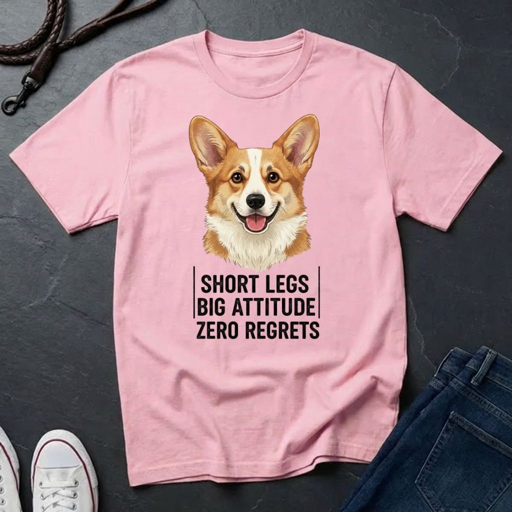 Pink Comfort Colors t-shirt with a corgi graphic and text on a dark surface