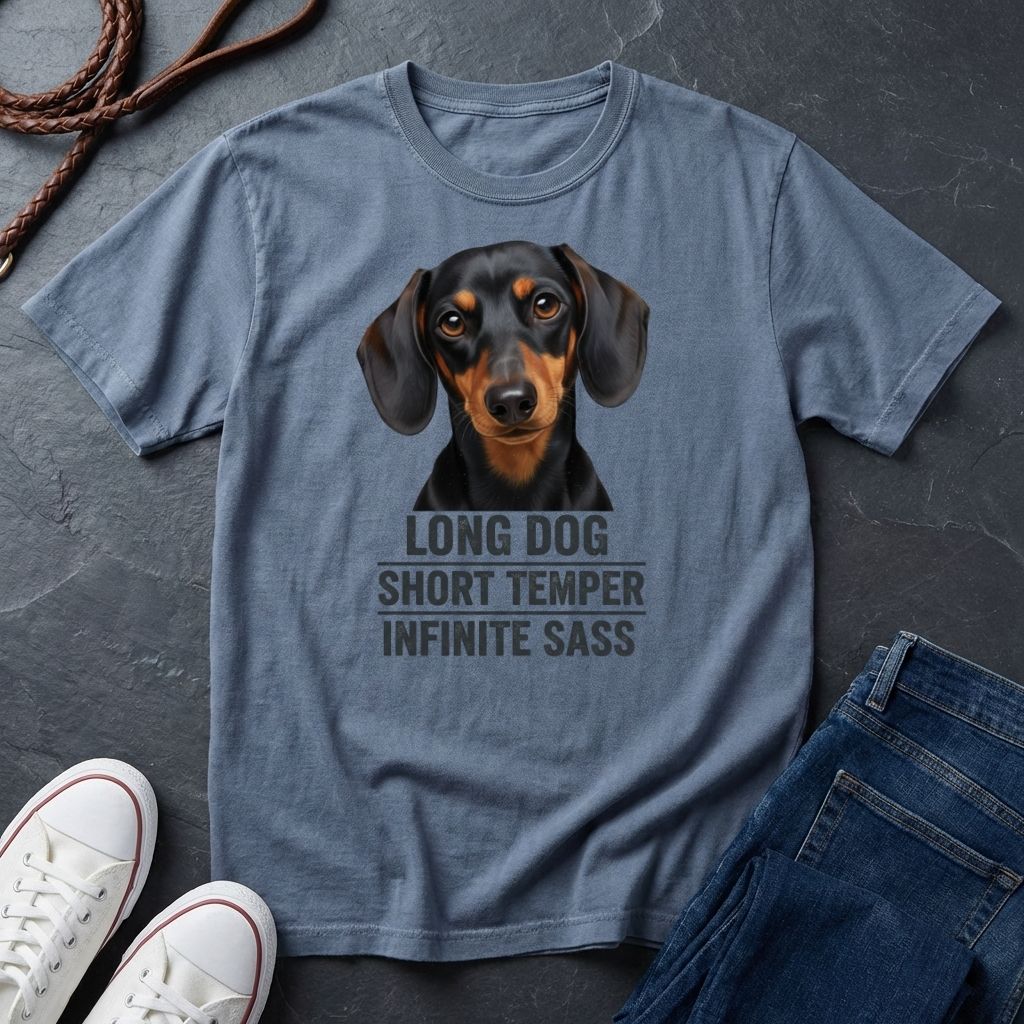 Blue Comfort Colors t-shirt with a dachshund graphic and text on a dark surface with shoes and jeans.