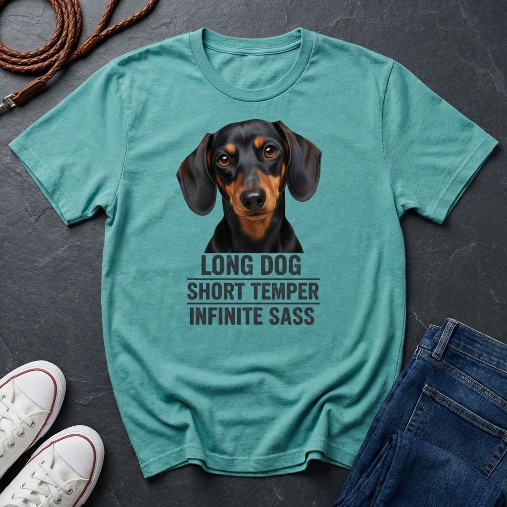 Teal Comfort Colors t-shirt with dachshund graphic and text on a dark surface with shoes and jeans.