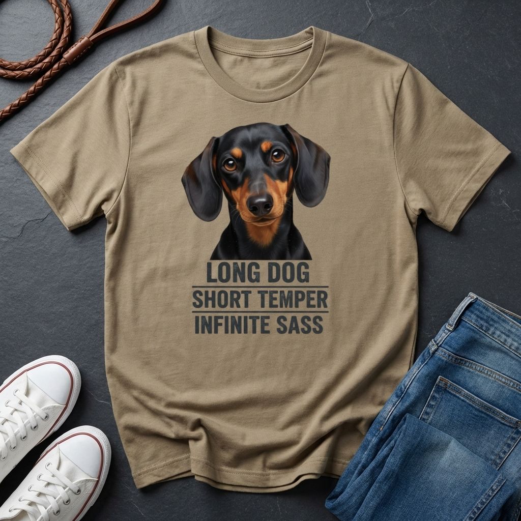 Beige Comfort Colors t-shirt with dachshund graphic and text on a dark surface with shoes and jeans.