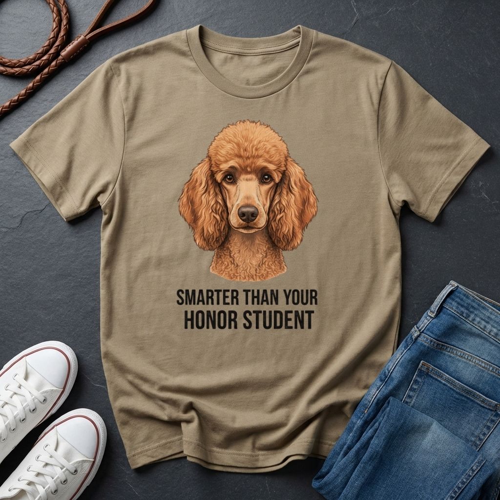 Khaki Comfort Colors t-shirt with a dog illustration and text on a dark surface with shoes and jeans.