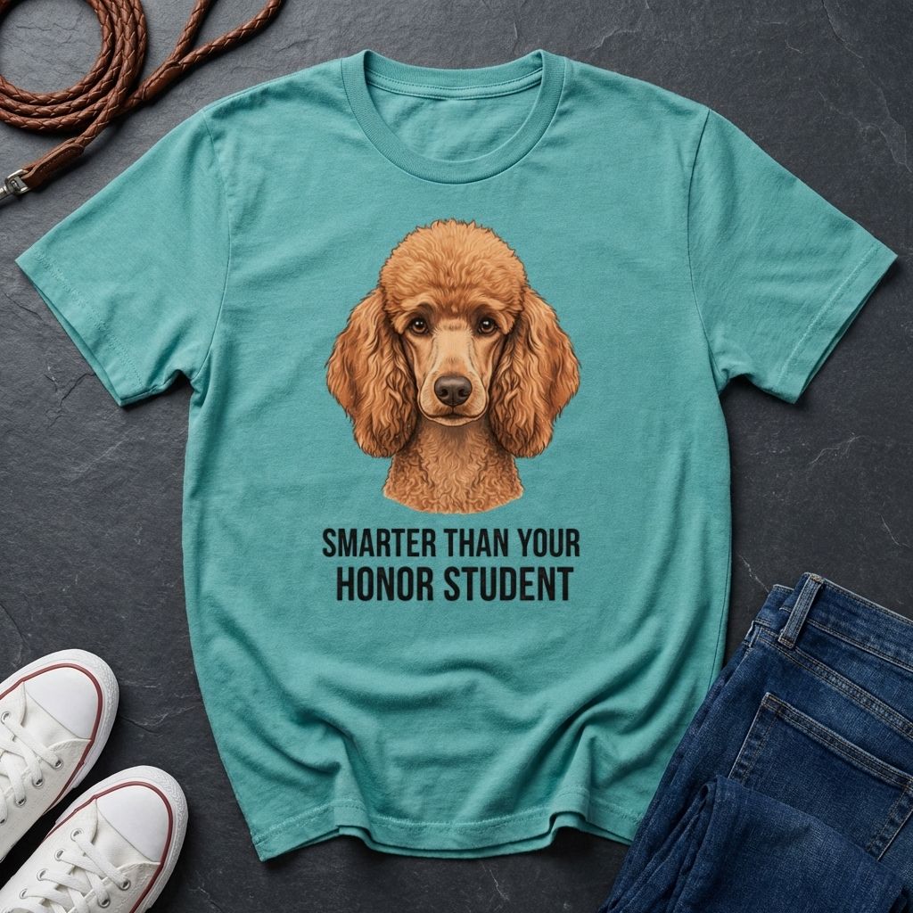 Teal Comfort Colors t-shirt with a dog illustration and text on a dark surface with shoes and jeans.