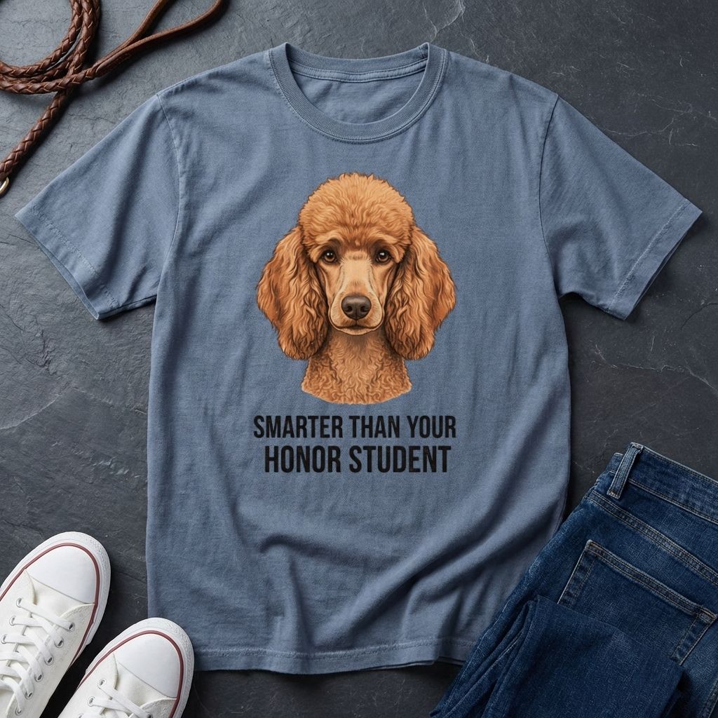 Blue Comfort Colors t-shirt with a dog graphic and text on a dark surface with shoes and jeans.