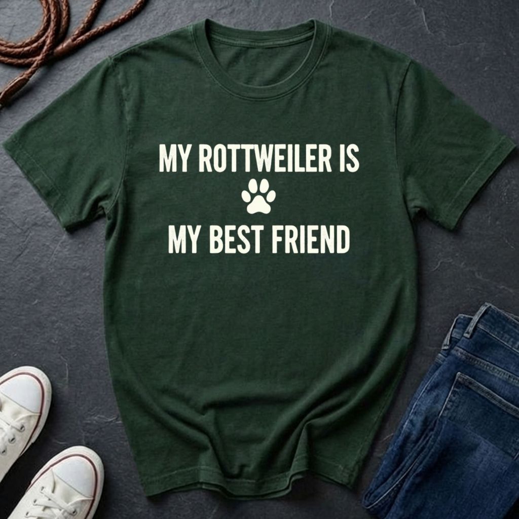 Green Comfort Colors t-shirt with 'My Rottweiler is my best friend' text on a dark surface with shoes and jeans.