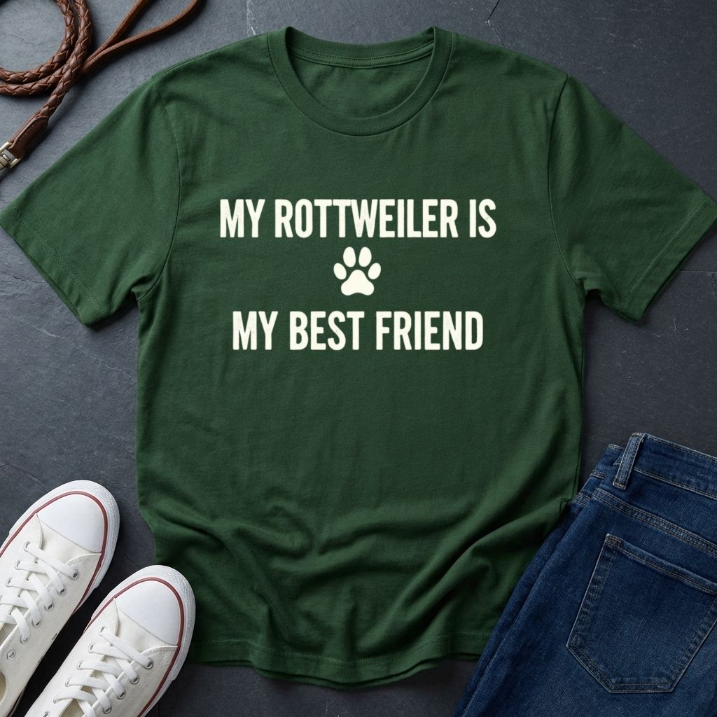 Green Comfort Colors t-shirt with 'My Rottweiler is my best friend' text on a dark surface with shoes and jeans.
