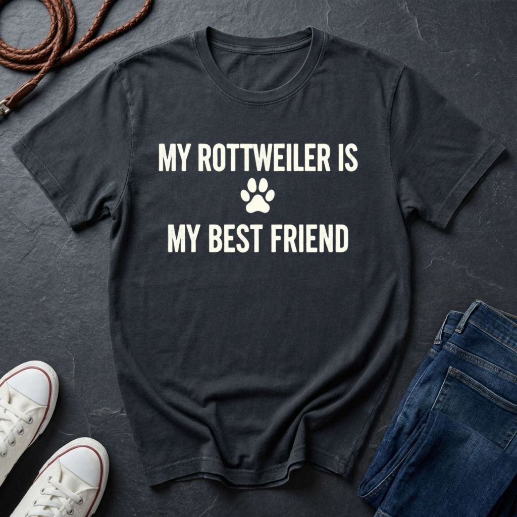 Black Comfort Colors t-shirt with 'My Rottweiler is my best friend' text on a dark surface with shoes and jeans.