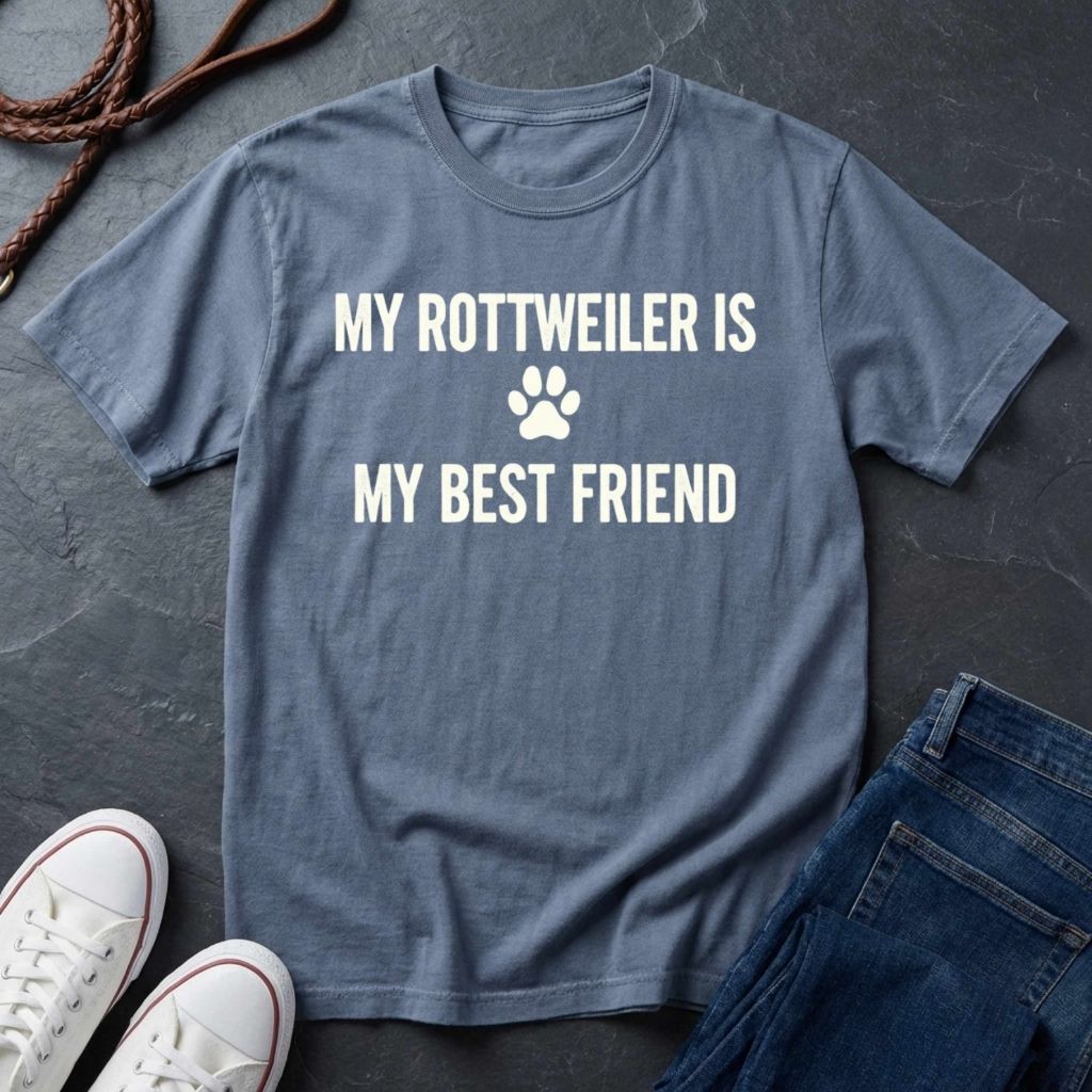 Blue Comfort Colors t-shirt with 'My Rottweiler is my best friend' text on a dark surface with shoes and jeans.