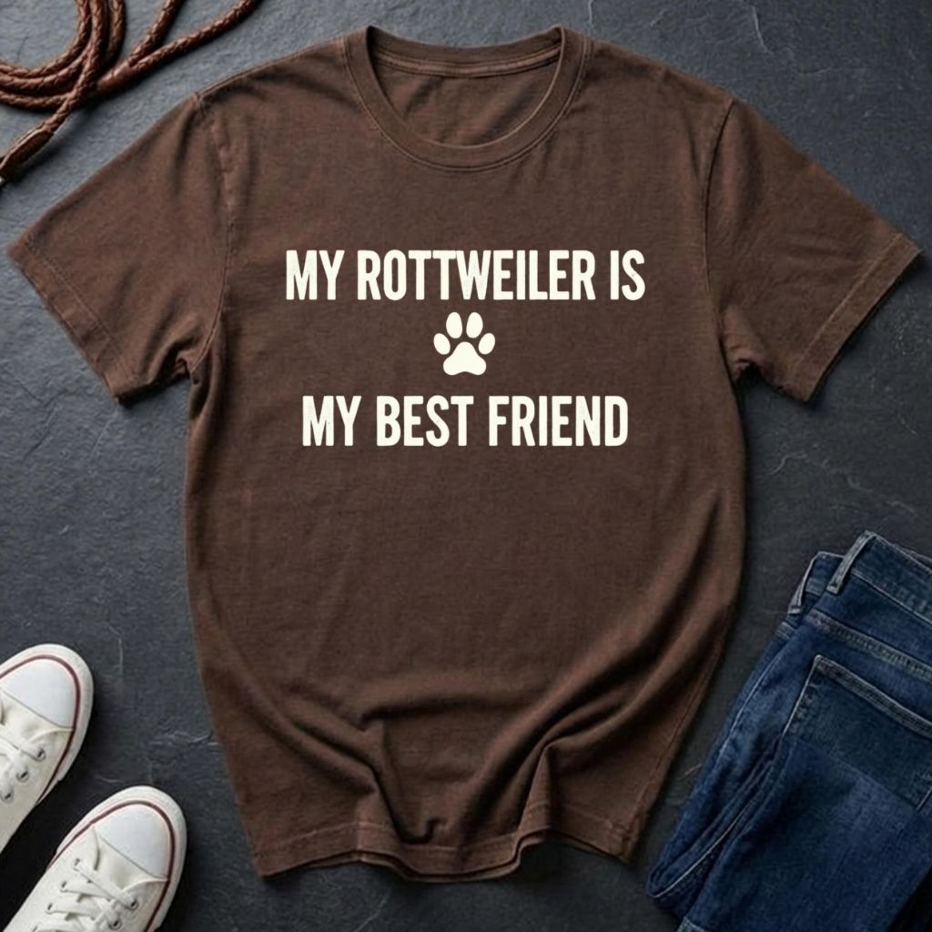 Brown Comfort Colors t-shirt with 'My Rottweiler is my best friend' text on a dark surface with shoes and jeans.