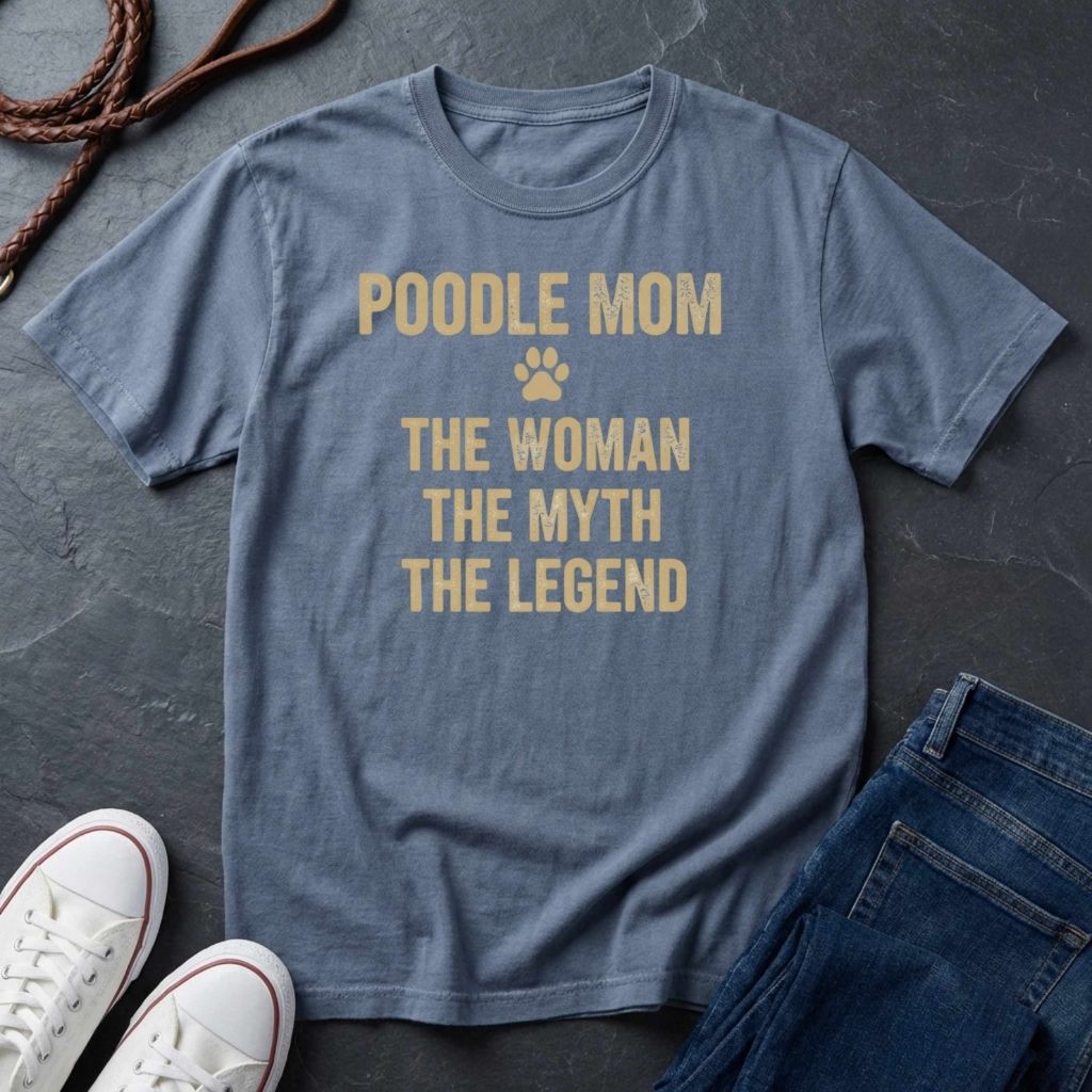 Blue Comfort Colors t-shirt with 'Poodle Mom: The Woman, The Myth, The Legend' text on a dark surface with shoes and jeans.