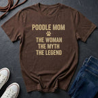 Brown Comfort Colors t-shirt with 'Poodle Mom: The Woman, The Myth, The Legend' text on a dark surface.