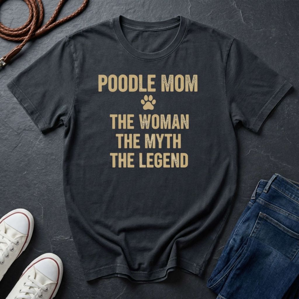 Black Comfort Colors t-shirt with 'Poodle Mom: The Woman, The Myth, The Legend' text on a dark surface with shoes and jeans.