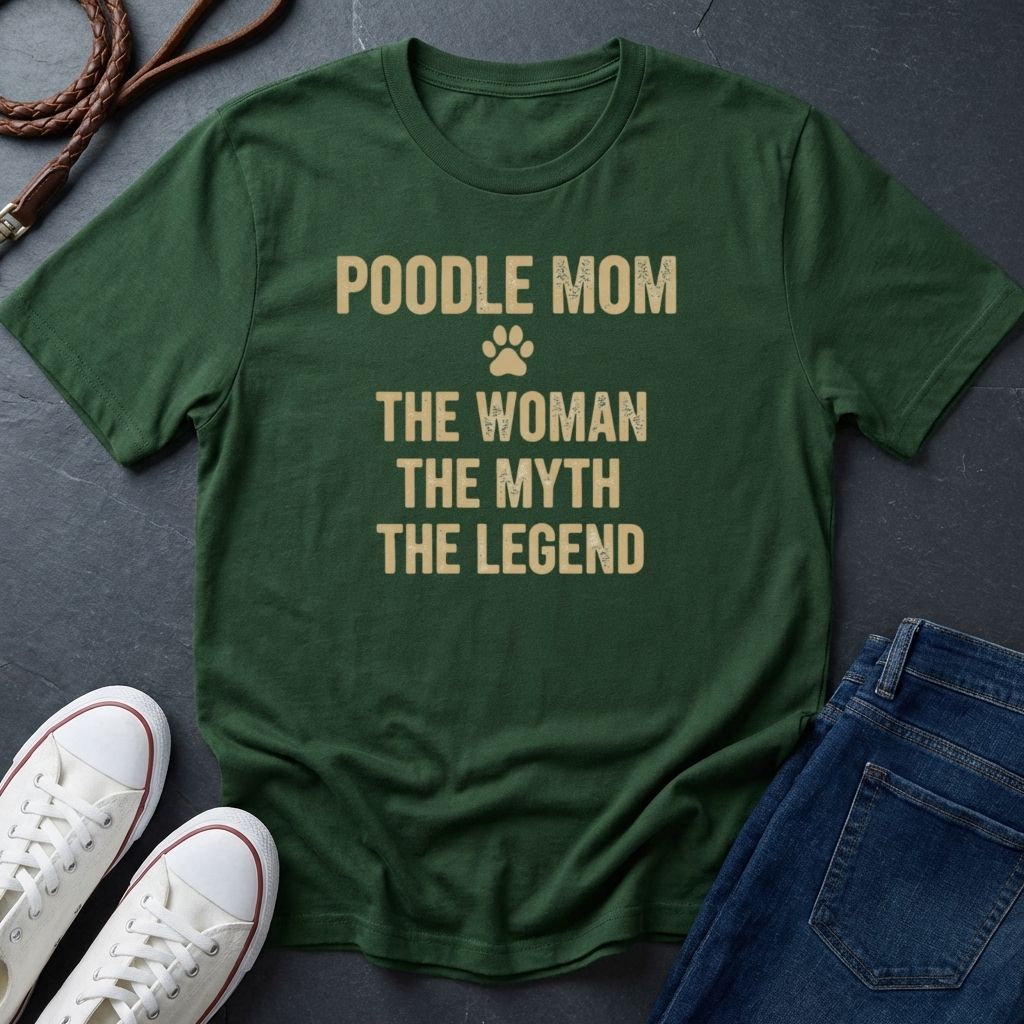 Green Comfort Colors t-shirt with 'Poodle Mom: The Woman, The Myth, The Legend' text on a dark surface with shoes and jeans.