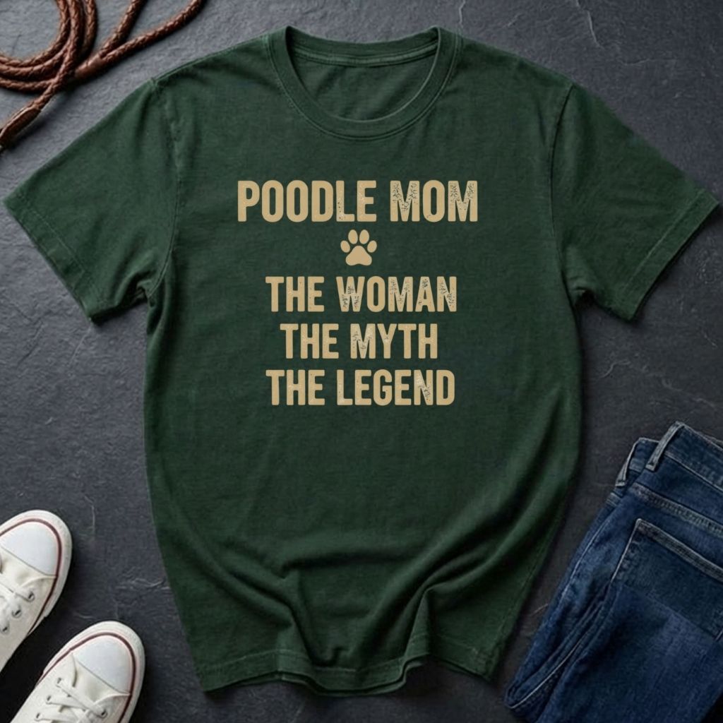 Green Comfort Colors t-shirt with 'Poodle Mom: The Woman, The Myth, The Legend' text on a dark surface with shoes and jeans.