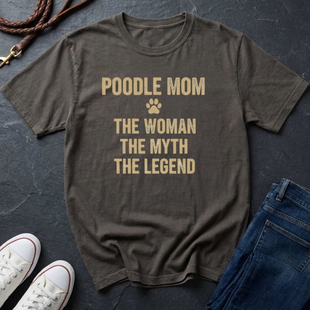 Gray Comfort Colors t-shirt with 'Poodle Mom: The Woman, The Myth, The Legend' text on a dark surface with shoes and jeans.