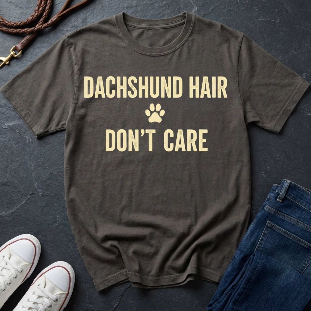 Gray Comfort Colors t-shirt with 'Dachshund Hair Don't Care' text on a dark surface with shoes and jeans.