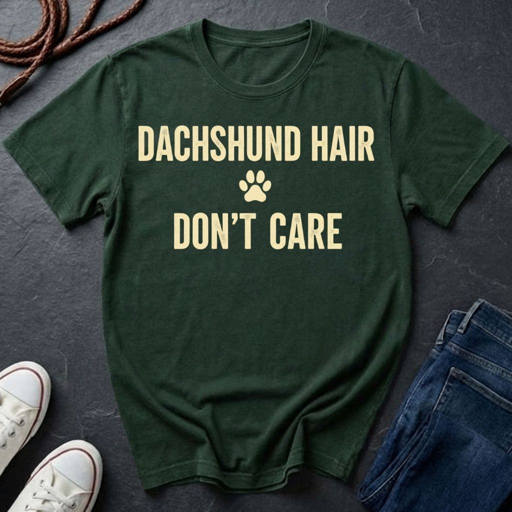 Green Comfort Colors t-shirt with 'Dachshund Hair Don't Care' text on a dark surface with shoes and jeans.