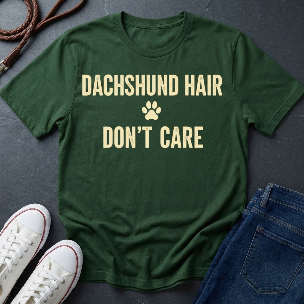 Green Comfort Colors t-shirt with 'Dachshund Hair Don't Care' text on a dark surface with shoes and jeans.